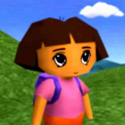 Low-poly 3D character portrait of Dora, early-2000s PC game rendering style