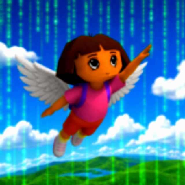 Low-poly 3D render of Dora with wings flying against a matrix-code sky, early-2000s PC game style