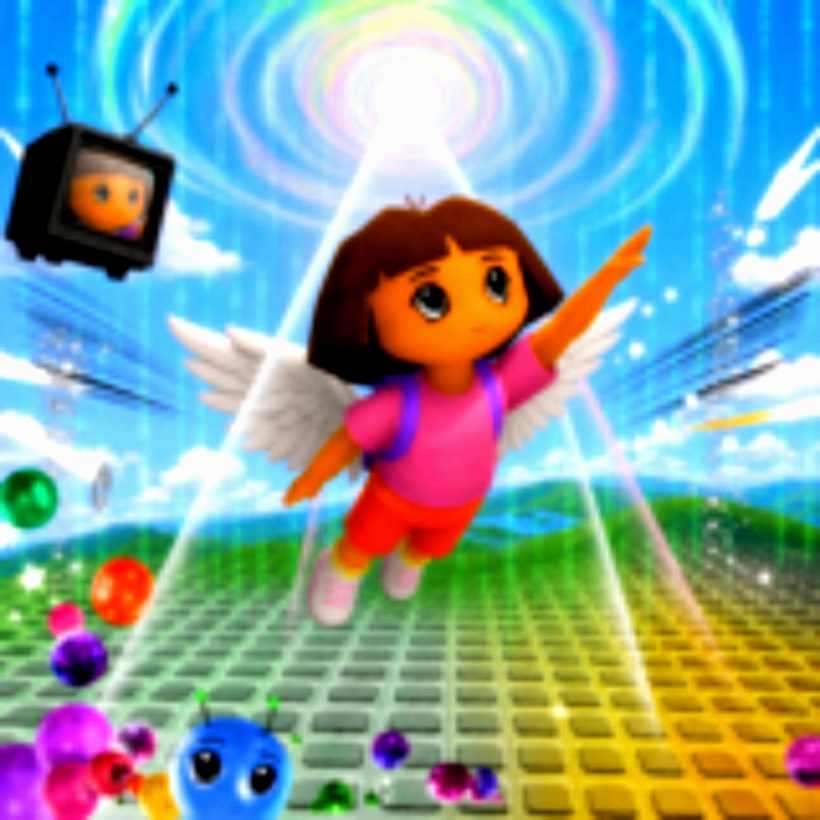 Low-poly 3D render of Dora with angel wings ascending through a digital portal, early-2000s PC game style